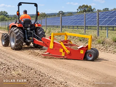 Red scraper grading a solar farm lane — application concept