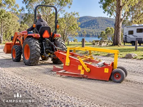 Tractor smoothing a campground gravel pitch — application concept